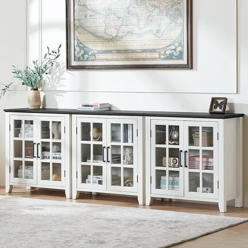 Miniatura 10 de Aparador Grande Buffet con Almacenamiento, 32" Mueble de Cocina Estilo Granja Azul Marino para Café y Vino con 2 Puertas de Vidrio, Mesa Aparador