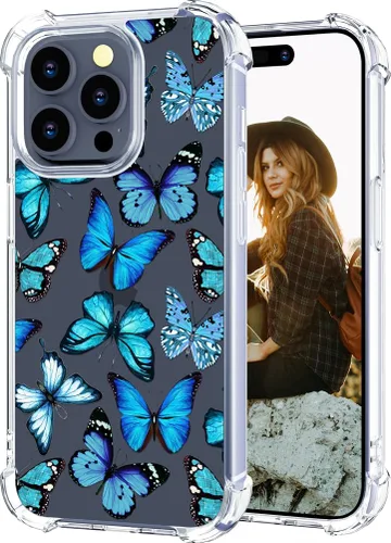 Miniatura 96 de Hungo Funda compatible con iPhone 15 Plus para mujer, diseño floral transparente, lindo, flor azul rosa Rosas Azules