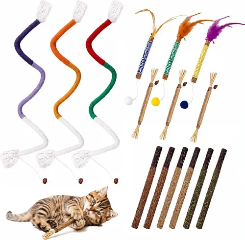 Cat Chew Toys for Bored Indoor Cats,12 Pack Natural Catnip Silvervine Sticks for Kittens Teeth Cleaning&3 Pack Cat Chew Ropes for Anxiety