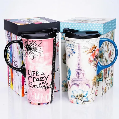 Miniatura 12 de Topadorn - Taza de viaje de cerámica de 17 onzas con tapa, taza de café de plumas boho con asa, taza grande de viaje de cerámica, apta