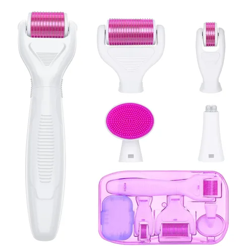 YaFex Derma Roller para cara y cuerpo - Kit de rodillo de microagujas de titanio 6 en 1, rodillo de microagujas, 300 y 720 agujas de 0.010 in, 1200