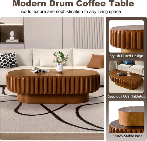 Miniatura 4 de Mesa auxiliar ovalada con almacenamiento, mesa de centro moderna acanalada de 43.3 pulgadas con tapa extraíble para sala de estar, mesa central