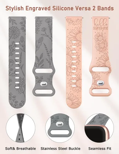 Miniatura 4 de Minyee Paquete de 2 correas con grabado floral compatibles con Fitbit Versa 2/Fitbit Versa/Versa Lite para mujeres, linda correa deportiva