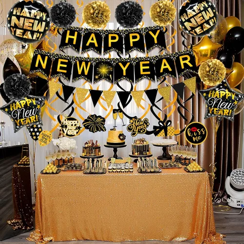 Miniatura 4 de Famoby Cartel de papel con texto en inglés «Happy New Year» con forma de triángulo, pompones y espirales para decoración de fiesta de Año Nuevo