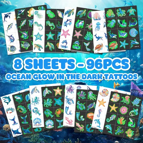 Miniatura 3 de 96 piezas de tatuajes temporales luminosos que brillan en la oscuridad, animales marinos del océano precortados para niños, suministros