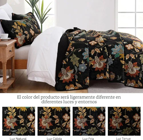 Miniatura 4 de WONGS BEDDING Juego de colcha tamaño Queen, juego de ropa de cama con estampado botánico negro, 3 piezas, colcha floral con 2 fundas de almohada