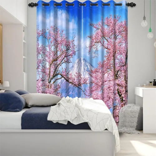 Miniatura 72 de Cortinas japonesas con pintura de tinta, monte Fuji, sol rojo, puesta de sol, hojas de bambú, cortinas de ventana para dormitorio, sala de estar