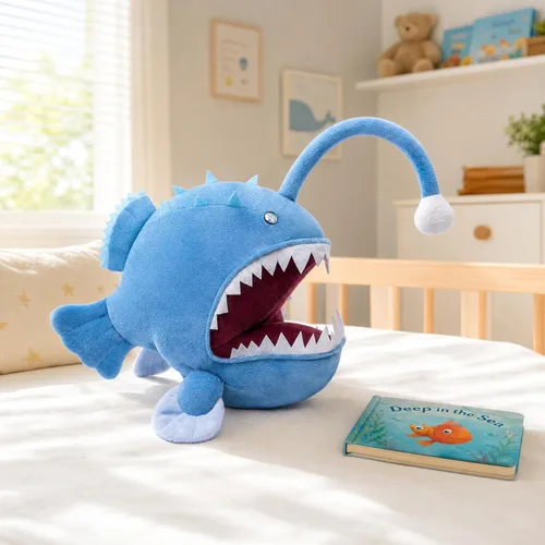 Miniatura 6 de Juguete de peluche de pez pescador – Lindo pez pescador azul de 12 pulgadas, juguetes de peluche real de la vida marina, pez linterna, juguetes