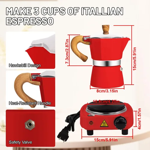 Miniatura 2 de Set de Cafetera Moka 2 en 1 con Estufa Eléctrica de 3 Tazas, Cafetera de Café de Aluminio para Cocina, Percolador Clásico Italiano para Café Mocha