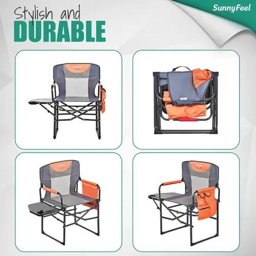 Miniatura 7 de SUNNYFEEL Silla de directores de camping, resistente, silla plegable portátil de gran tamaño con mesa auxiliar, bolsillo para playa, pesca, viaje