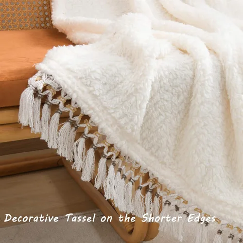 Miniatura 2 de Manta de sherpa ultra suave y acogedora, ligera y cálida, manta decorativa con borla, patrón sólido blanco antiguo, manta reversible estilo bohemio