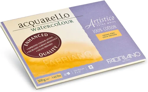 Fabriano Artistico Acquarello, extra blanco, grano fino, prensado en frío, 9.1 x 12.0 in, 20 hojas, 10.58 oz/m², cartón para acuarelas para
