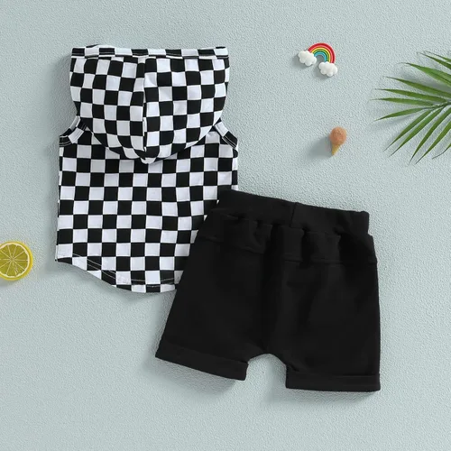 Miniatura 35 de Conjunto de ropa de verano para bebé niño y niño, diseño a cuadros, manga corta, sudadera con capucha y pantalones cortos casuales