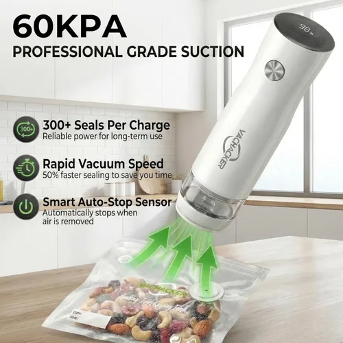 Miniatura 2 de Sellador al vacío de mano para alimentos, máquina selladora al vacío compacta con 30 bolsas de vacío reutilizables, ahorrador de alimentos portátil