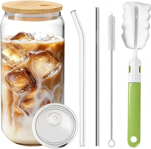 Miniatura 14 de Juego de 2 tazas de vidrio con tapas y pajitas, tazas de café helado con tapas para cerveza fría y cerveza, vidrio en forma de lata de 20 onzas