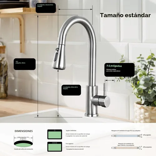 Miniatura 4 de Grifo de cocina con rociador extraíble, grifo de níquel cepillado de arco alto, de una sola manija, de acero inoxidable, 3 modos