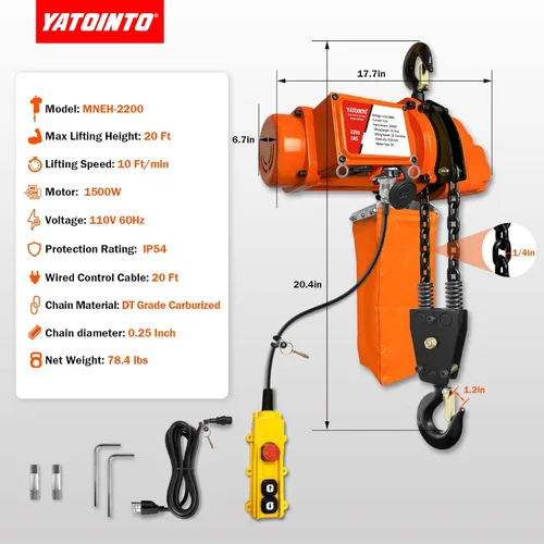 Miniatura 7 de YATOINTO Polipasto eléctrico de cadena, capacidad de 1 tonelada/2200 libras, altura de elevación de 20 pies, control remoto con cable de 20 pies