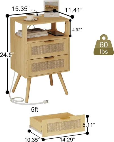 Miniatura 2 de Veegle - Mesita de noche de ratán con estación de carga, mesa de noche moderna con 2 cajones de almacenamiento y estante de madera abierta