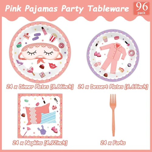 Miniatura 2 de Juego de platos de pijama, servilletas para fiesta de pijama, vajilla de fiesta de spa, cubiertos para niñas, decoración desechable para 24 invitados