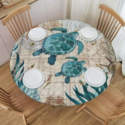Miniatura 7 de Mantel ajustable con temática náutica con diseño de cangrejo, mapa de vida costero azul del océano, borde elástico, cubierta impermeable y lavable