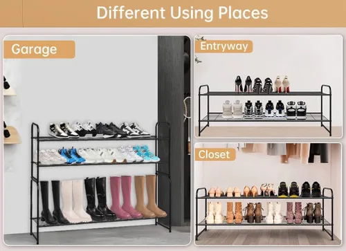 Miniatura 7 de KEETDY Organizador de zapatos largo de 2 niveles para armario, zapatero de metal para entrada, amplio estante apilable para zapatos con rejilla