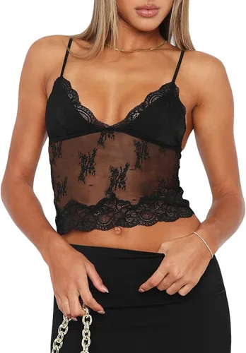 Y2k - Camiseta sin mangas con ribete de encaje para mujer, estilo vintage, con cuello en V, sexy, sin mangas, tirantes delgados, top corto para