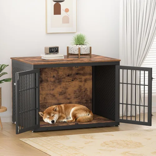 Miniatura 6 de rehomerance 42" Mueble de Jaula para Perros de Alta Resistencia para Perros Grandes y Medianos, Diseño Cerrado de Perrera de Madera y Metal, Mueble