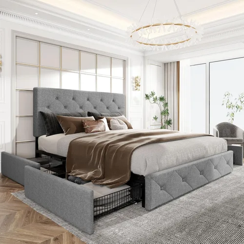 HOOMIC Base de cama de almacenamiento de plataforma de tamaño matrimonial con 4 cajones y cabecera ajustable, listones de madera, no necesita Gris