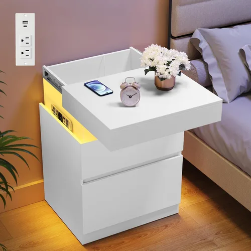 Miniatura 17 de VASAGLE Mesita de noche con estación de carga, 2 salidas de CA y 2 puertos USB, mesita de noche, mesa auxiliar con 3 cajones, estilo moderno, 13.8 x