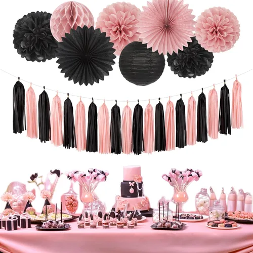 Miniatura 5 de Cartel de feliz cumpleaños rosa y negro para decoración de fiesta – 31 piezas de oro rosa 14º 40º para mujeres y niñas, faroles de papel