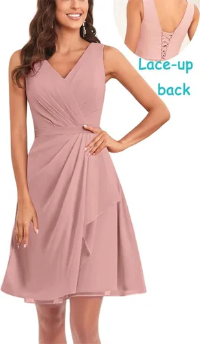 Miniatura 3 de Vestidos cortos de dama de honor con cuello en V con bolsillos, sin mangas, línea A, verano, playa, gasa, vestido de invitada de boda