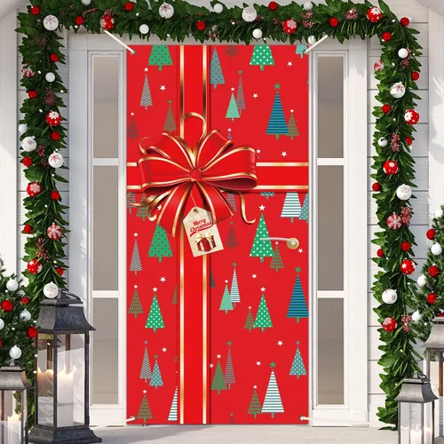 Miniatura 10 de Cartel de Navidad para puerta, decoración de Feliz Navidad, búfalo a cuadros rojos y negros, telón de fondo de caja de regalo de Navidad, lazo