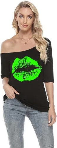 Miniatura 2 de MAGICMK Camiseta casual de talla grande con estampado de labios y hombros descubiertos para mujer