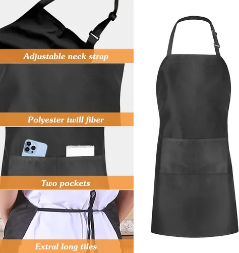 Miniatura 3 de Paquete de 2/10/20 delantales negros ajustables a granel con 2 bolsillos para clases de cocina, barbacoas, fiestas de arte y manualidades