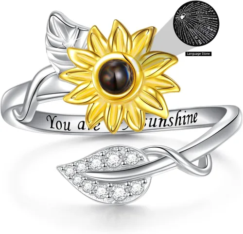 DAOCHONG Anillo de girasol de plata de ley con la frase "You are my sunshine", anillo de piedra con texto en inglés "I Love You", anillo giratorio