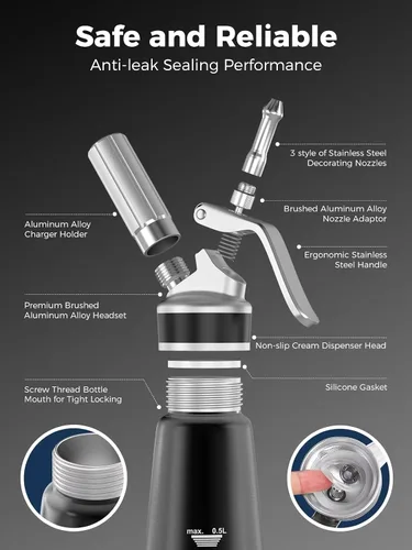 Miniatura 5 de Dispensador profesional de crema batida de aluminio de 16.9 fl oz / 1 pinta, batidor de crema a prueba de fugas con 3 puntas de decoración, probado
