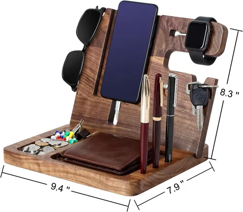 Miniatura 4 de awofer Estación de acoplamiento de madera, organizador de mesita de noche grabada personalizada, mesita de noche con soporte para teléfono, soporte