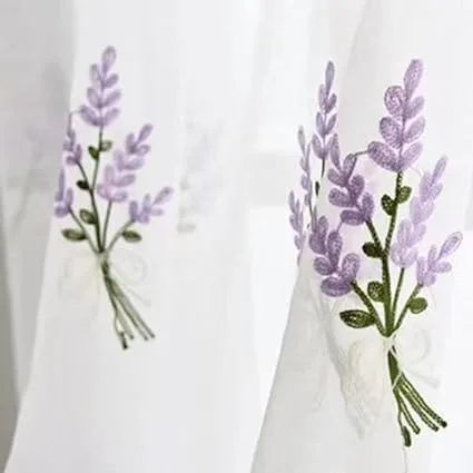 Cortinas traslúcidas blancas florales con bordado de flores de lavanda morada, cortinas de gasa con bolsillo para barra, cortinas para sala de