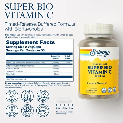 Miniatura 2 de SOLARAY Vitamina C tamponada Super Bio de 1000 mg, vitamina C de liberación temporal de dos etapas con bioflavonoides, suplemento de apoyo