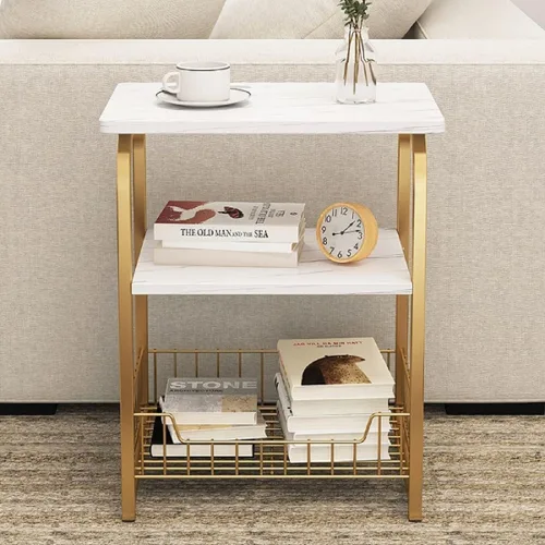 Miniatura 5 de Mesa auxiliar auxiliar de mármol blanco de 3 niveles con estante de almacenamiento, mesa de metal para aperitivos, mesa pequeña para balcón