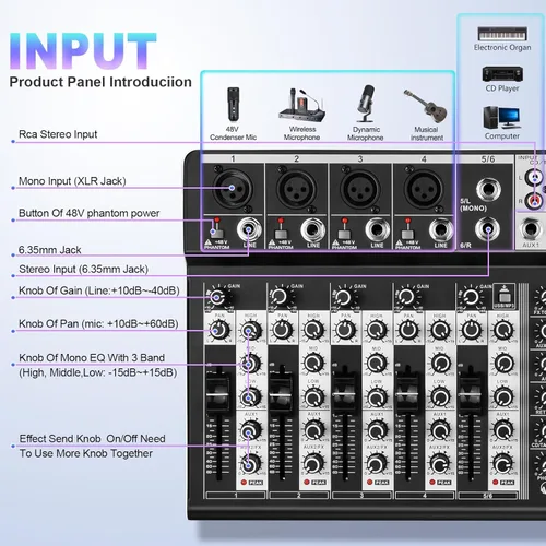 Miniatura 2 de Mezclador de audio profesional Riworal, consola de mezcla de 6 canales, interfaz de sonido, consola de mezcla de DJ, mezclador de audio con efecto