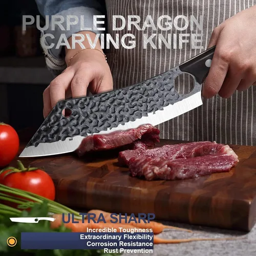Miniatura 4 de Cuchillo de cocina Purple Dragon de 8 pulgadas, cuchillo de carnicero japonés ultra afilado para cortar carne y vegetales con orificio para el dedo