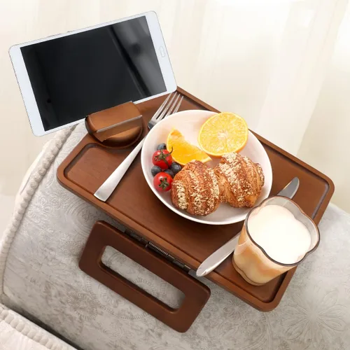 Miniatura 7 de Smatdecis Bandeja de brazo para sofá, mesa de clip para brazos, mesa de bandeja para reposabrazos adecuada para bebidas caseras, comida rápida, Negro