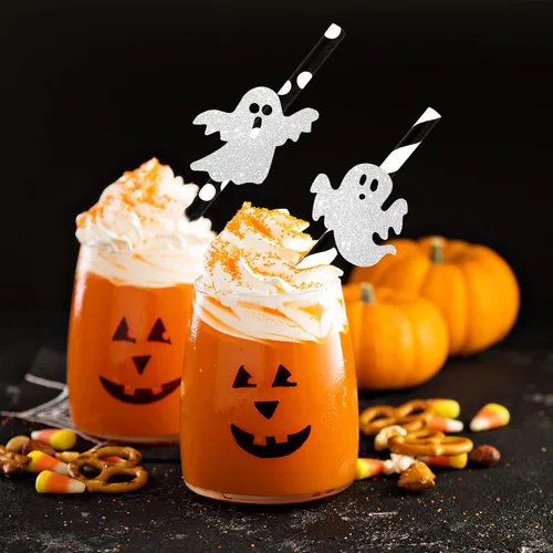 Miniatura 6 de Whaline Pajitas de papel de fantasma de Halloween, pajitas desechables con fantasma, lindas y espeluznantes pajitas decorativas para dulce o truco