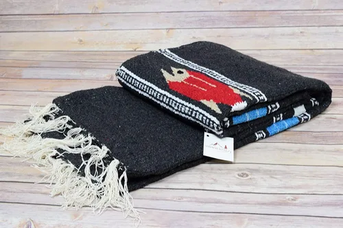Miniatura 7 de Open Road Goods Manta de yoga mexicana gruesa, diseño de pez serape, hecha a mano (turquesa)