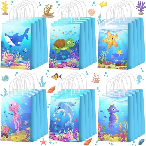 Miniatura 25 de Outus 24 piezas de bolsas de regalo de fiesta de mariposa, bolsas de golosinas de mariposa, bolsas de papel para regalos con mango, morado, azul