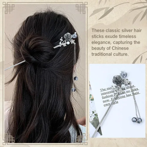 Miniatura 5 de inSowni 8 Piezas Palillos de Cabello Retro Vintage Asiáticos Chinos Tradicionales Hanfu de Metal Plateado con Colgantes de Cuentas de Perlas Flor
