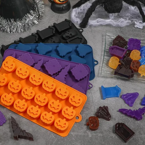 Miniatura 2 de Webake Molde de chocolate de Halloween con forma de calabaza Jack-O-Lantern, calavera, lápida, fantasma, murciélago y araña, moldes de silicona
