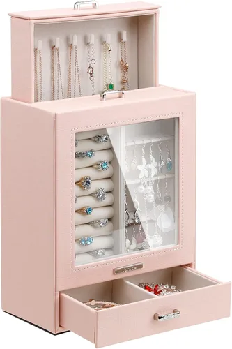 Homde Organizador de joyas para niñas y mujeres, joyero para collares, anillos, aretes, estuche de almacenamiento de joyas (rosa melocotón)