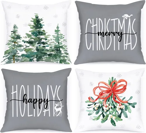 Miniatura 8 de Lanpn Juego de 4 fundas de almohada decorativas de Navidad de 16x16, funda de almohada decorativa para exteriores, bosque de invierno, funda